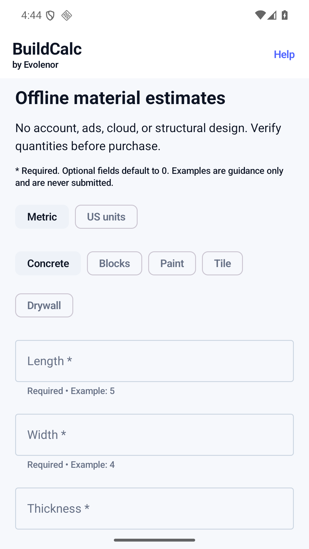 BuildCalc material estimating screen on Android