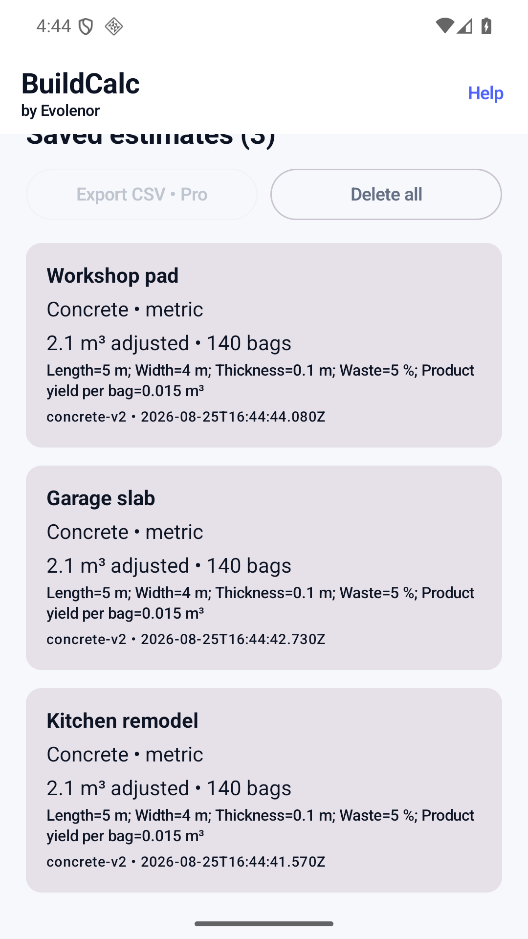 BuildCalc saved-project interface