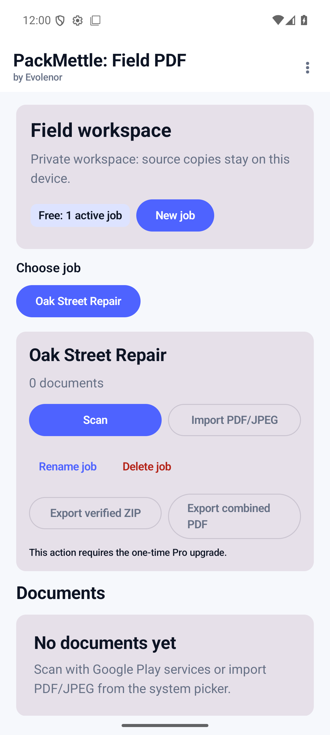 PackMettle field-document workspace on Android