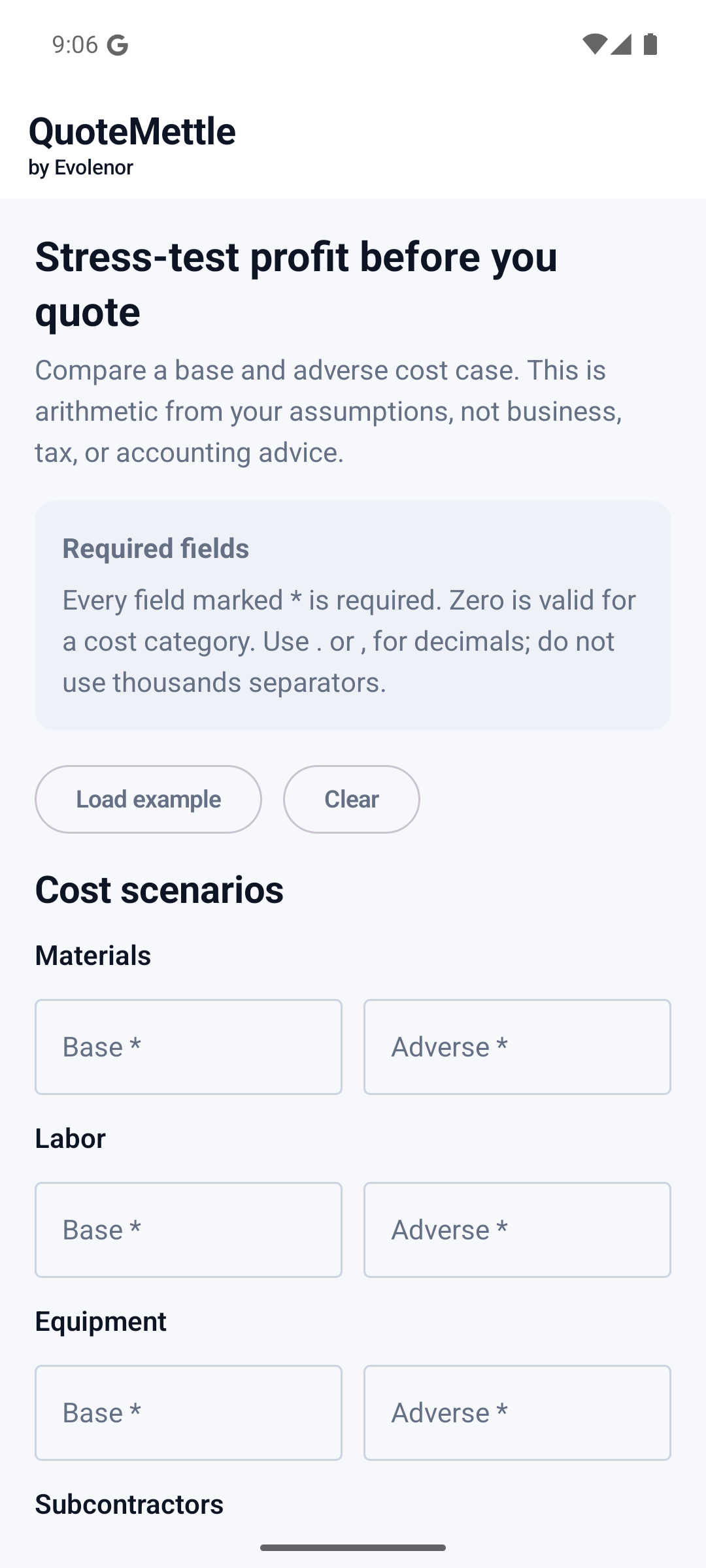 QuoteMettle job-cost inputs