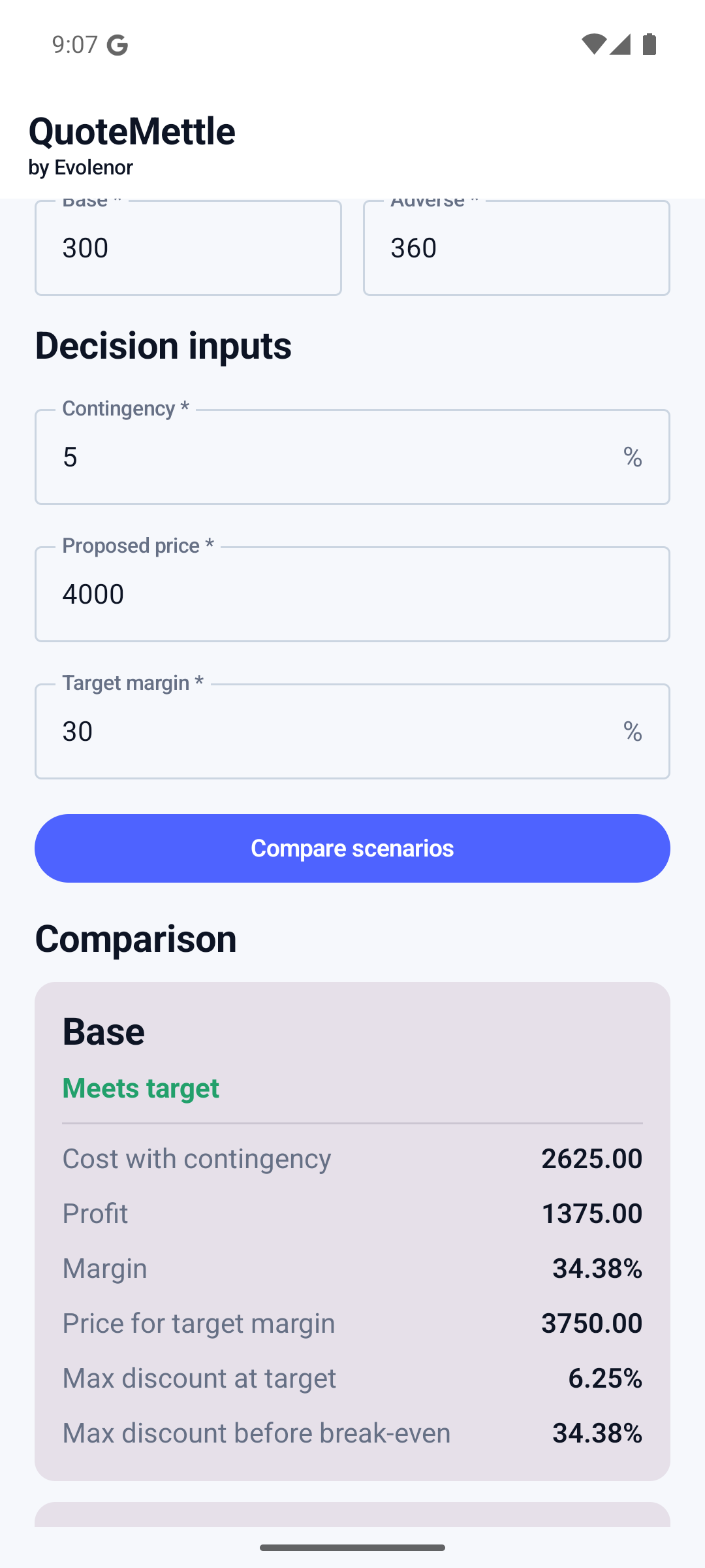 QuoteMettle base and adverse job-cost comparison on Android